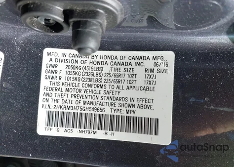 2016 Honda Cr-V Ex-L from USA, damaged, VIN 2HKRM3H75GH549656